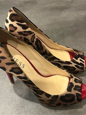 Guess Leopard Print Peep-Toe Pumps with Red Accents